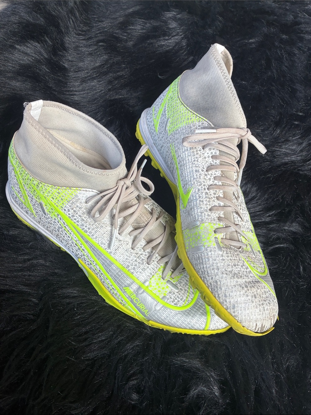 Nike High-Top Athletic Turf Shoes in Neon Yellow and‎ Beige